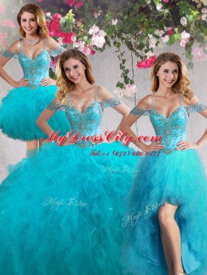 Fabulous Four Piece Off the Shoulder Teal Ball Gowns Beading and Ruffles 15 Quinceanera Dress Lace Up Tulle Sleeveless Floor Length