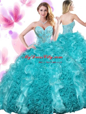 Floor Length Teal Sweet 16 Dresses Sweetheart Sleeveless Lace Up