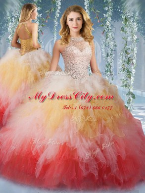 Beauteous Four Piece Halter Top Multi-color Lace Up Quinceanera Gowns Beading and Ruffles Sleeveless Floor Length