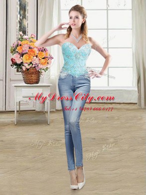 Perfect Four Piece Aqua Blue Organza Lace Up 15th Birthday Dress Sleeveless Floor Length Beading and Ruffles and Pick Ups