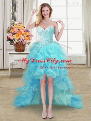 Perfect Four Piece Aqua Blue Organza Lace Up 15th Birthday Dress Sleeveless Floor Length Beading and Ruffles and Pick Ups