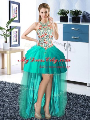 Fine Four Piece Halter Top Floor Length Lace Up Vestidos de Quinceanera Turquoise for Military Ball and Sweet 16 and Quinceanera with Embroidery and Pick Ups