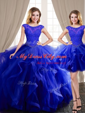 Beautiful Three Piece Royal Blue Lace Up Scoop Beading and Appliques and Ruffles Quinceanera Dress Tulle Cap Sleeves Brush Train