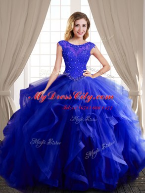 Beautiful Three Piece Royal Blue Lace Up Scoop Beading and Appliques and Ruffles Quinceanera Dress Tulle Cap Sleeves Brush Train