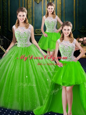 Latest Four Piece Sleeveless Tulle Floor Length Brush Train Zipper Sweet 16 Dress in with Lace