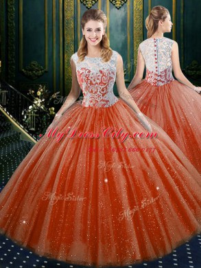 Four Piece Orange Red Tulle Zipper High-neck Sleeveless Floor Length Quinceanera Gown Beading and Lace