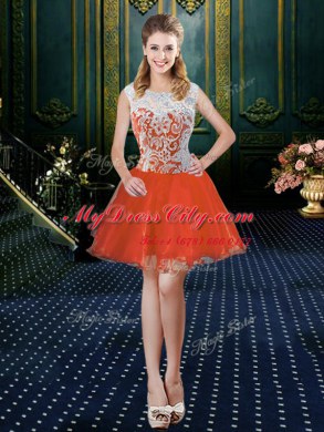 Four Piece Orange Red Tulle Zipper High-neck Sleeveless Floor Length Quinceanera Gown Beading and Lace