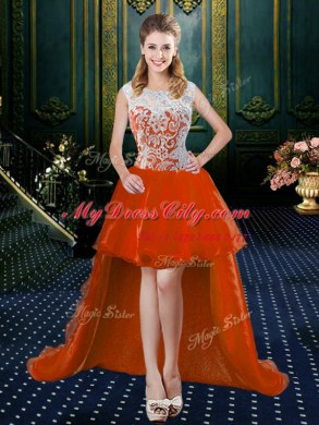 Four Piece Orange Red Tulle Zipper High-neck Sleeveless Floor Length Quinceanera Gown Beading and Lace