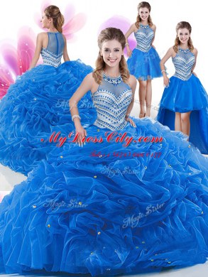 Free and Easy Four Piece Royal Blue Sleeveless Floor Length Beading and Pick Ups Zipper Quinceanera Gown