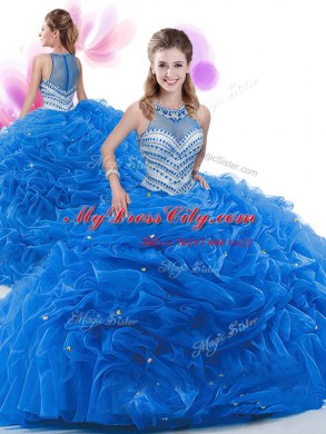 Free and Easy Four Piece Royal Blue Sleeveless Floor Length Beading and Pick Ups Zipper Quinceanera Gown