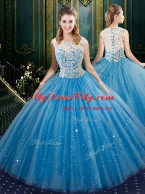 Superior Four Piece Baby Blue Tulle Zipper Quinceanera Gown Sleeveless Floor Length Brush Train Lace