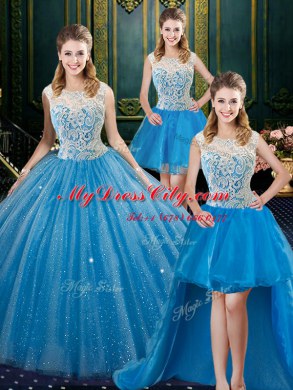 Superior Four Piece Baby Blue Tulle Zipper Quinceanera Gown Sleeveless Floor Length Brush Train Lace