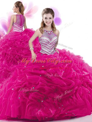 Four Piece Hot Pink Sleeveless Beading and Pick Ups Floor Length Quinceanera Dress