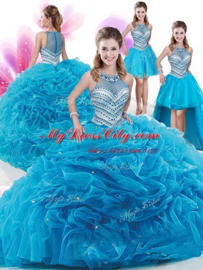 Smart Four Piece Aqua Blue Zipper High-neck Ruffles and Pick Ups Quinceanera Dresses Organza Sleeveless Court Train