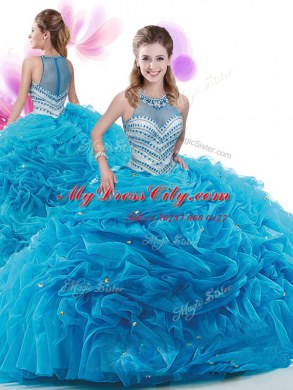 Smart Four Piece Aqua Blue Zipper High-neck Ruffles and Pick Ups Quinceanera Dresses Organza Sleeveless Court Train