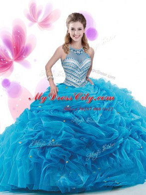 Smart Four Piece Aqua Blue Zipper High-neck Ruffles and Pick Ups Quinceanera Dresses Organza Sleeveless Court Train