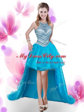 Smart Four Piece Aqua Blue Zipper High-neck Ruffles and Pick Ups Quinceanera Dresses Organza Sleeveless Court Train