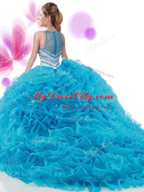 Smart Four Piece Aqua Blue Zipper High-neck Ruffles and Pick Ups Quinceanera Dresses Organza Sleeveless Court Train