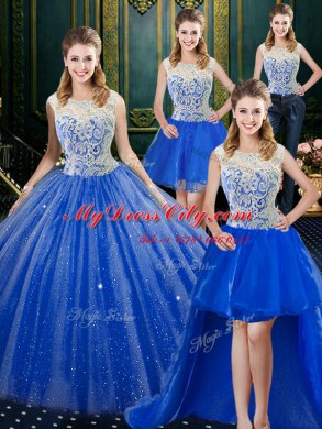 Four Piece High-neck Sleeveless Tulle Ball Gown Prom Dress Lace Brush Train Zipper