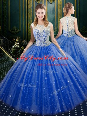 Four Piece High-neck Sleeveless Tulle Ball Gown Prom Dress Lace Brush Train Zipper