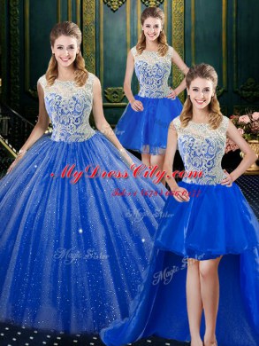 Four Piece High-neck Sleeveless Tulle Ball Gown Prom Dress Lace Brush Train Zipper