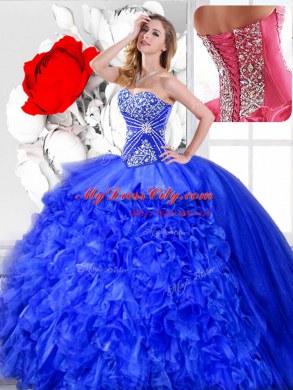 Three Piece Blue Lace Up Sweet 16 Quinceanera Dress Beading and Ruffles Sleeveless Floor Length