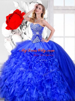 Three Piece Blue Lace Up Sweet 16 Quinceanera Dress Beading and Ruffles Sleeveless Floor Length