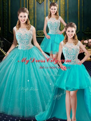 Shining Four Piece Sleeveless Zipper Floor Length Lace Quinceanera Dresses