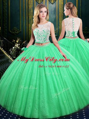 New Arrival Three Piece Lace Up Scoop Lace and Sequins Sweet 16 Quinceanera Dress Tulle and Sequined Sleeveless