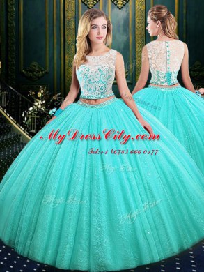 Colorful Three Piece Scoop Sleeveless Lace and Sequins Lace Up 15th Birthday Dress