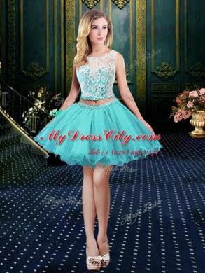 Colorful Three Piece Scoop Sleeveless Lace and Sequins Lace Up 15th Birthday Dress