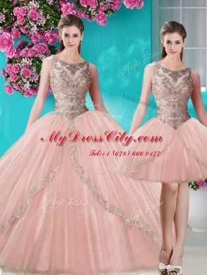 Dynamic Three Piece Scoop Tulle Sleeveless Floor Length Quinceanera Dress and Beading and Appliques