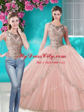 Dynamic Three Piece Scoop Tulle Sleeveless Floor Length Quinceanera Dress and Beading and Appliques