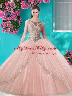 Dynamic Three Piece Scoop Tulle Sleeveless Floor Length Quinceanera Dress and Beading and Appliques