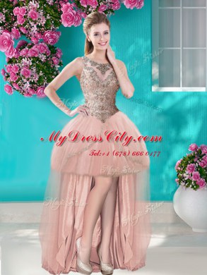 Four Piece Scoop Peach Tulle Lace Up 15th Birthday Dress Sleeveless Floor Length Beading and Appliques