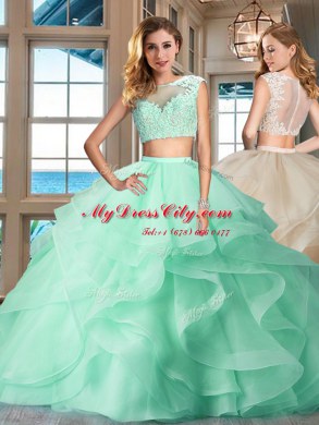 Delicate Apple Green Zipper Bateau Appliques and Ruffles Quinceanera Dress Tulle Cap Sleeves