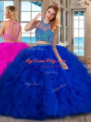 Fancy Royal Blue High-neck Neckline Beading and Ruffles Sweet 16 Quinceanera Dress Sleeveless Lace Up