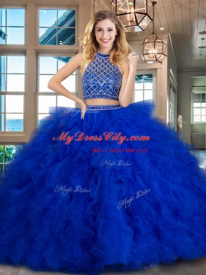 Stunning Halter Top Sleeveless Brush Train Backless Beading and Ruffles Quinceanera Gown