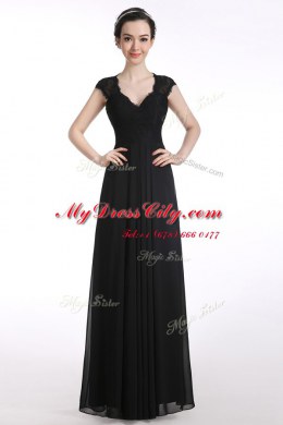 Pretty Floor Length A-line Cap Sleeves Black Dress for Prom Zipper