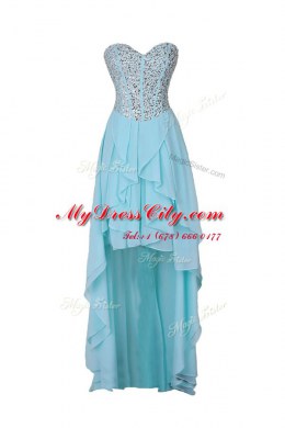 Blue Chiffon Zipper Sweetheart Sleeveless High Low Prom Gown Beading