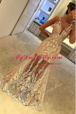 Attractive Mermaid Prom Party Dress Champagne V-neck Tulle Sleeveless Floor Length Zipper