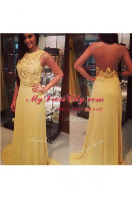 Pretty Floor Length Yellow Homecoming Dress Scoop Sleeveless Backless