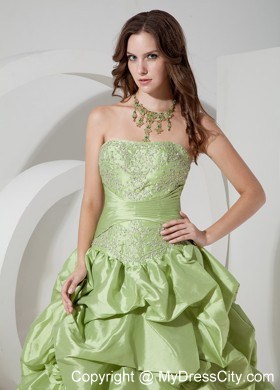 Strapless Yellow Green A-line Prom Dress Appliques Floor-length