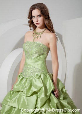 Strapless Yellow Green A-line Prom Dress Appliques Floor-length