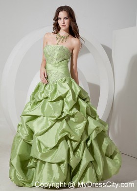 Strapless Yellow Green A-line Prom Dress Appliques Floor-length