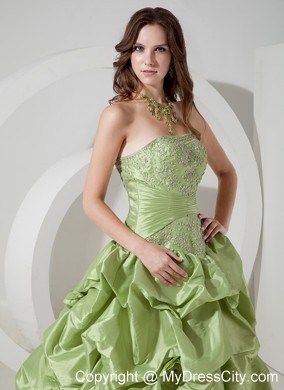 Strapless Yellow Green A-line Prom Dress Appliques Floor-length