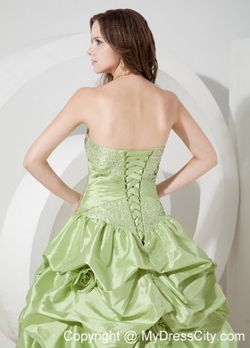 Strapless Yellow Green A-line Prom Dress Appliques Floor-length