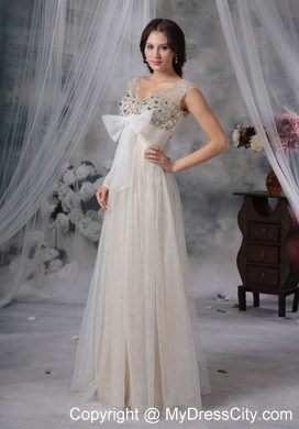 White Empire V-neck Floor-length Beading Prom Dress with Bow