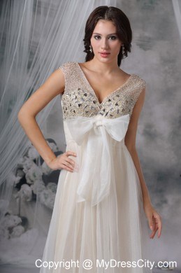 White Empire V-neck Floor-length Beading Prom Dress with Bow