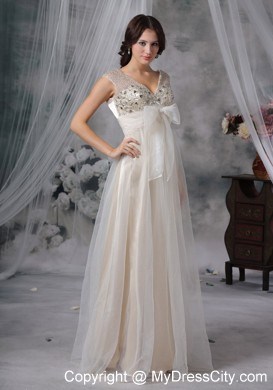 White Empire V-neck Floor-length Beading Prom Dress with Bow